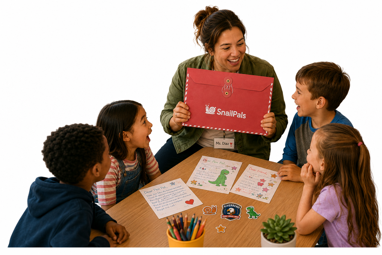 A teacher showing a red SnailPals envelope to four excited elementary students at a classroom table covered in letters and stickers